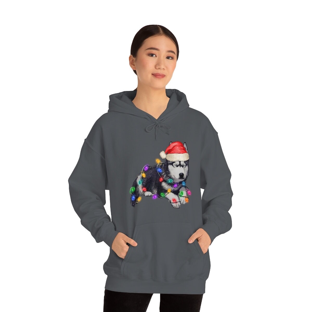 Christmas Lights Siberian Husky, Alaskan Malamute Unisex Heavy Blend Hooded Sweatshirt for Adults, Kids Gift Idea for Dog Lovers of all Ages