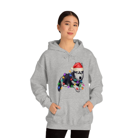 Christmas Lights Siberian Husky, Alaskan Malamute Unisex Heavy Blend Hooded Sweatshirt for Adults, Kids Gift Idea for Dog Lovers of all Ages