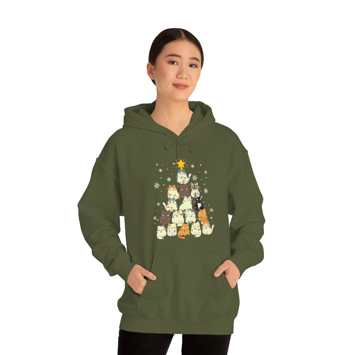 Happy Holidays Cat Christmas Tree Unisex Heavy Blend Hooded Sweatshirt for Adults or Kids Gift Idea for Family, Friends or all Cat Lovers