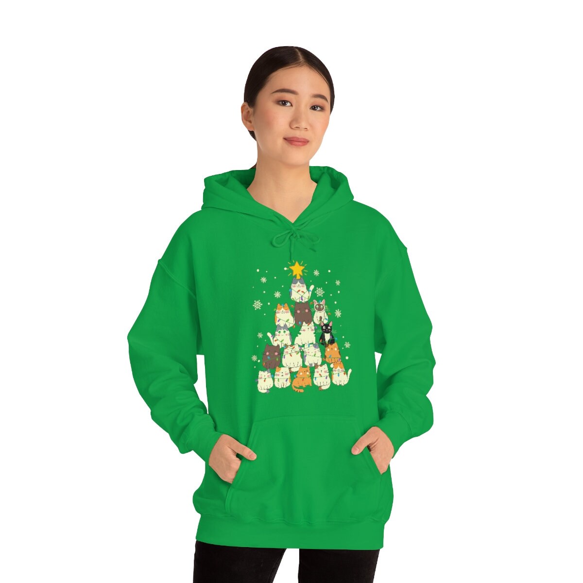 Happy Holidays Cat Christmas Tree Unisex Heavy Blend Hooded Sweatshirt for Adults or Kids Gift Idea for Family, Friends or all Cat Lovers