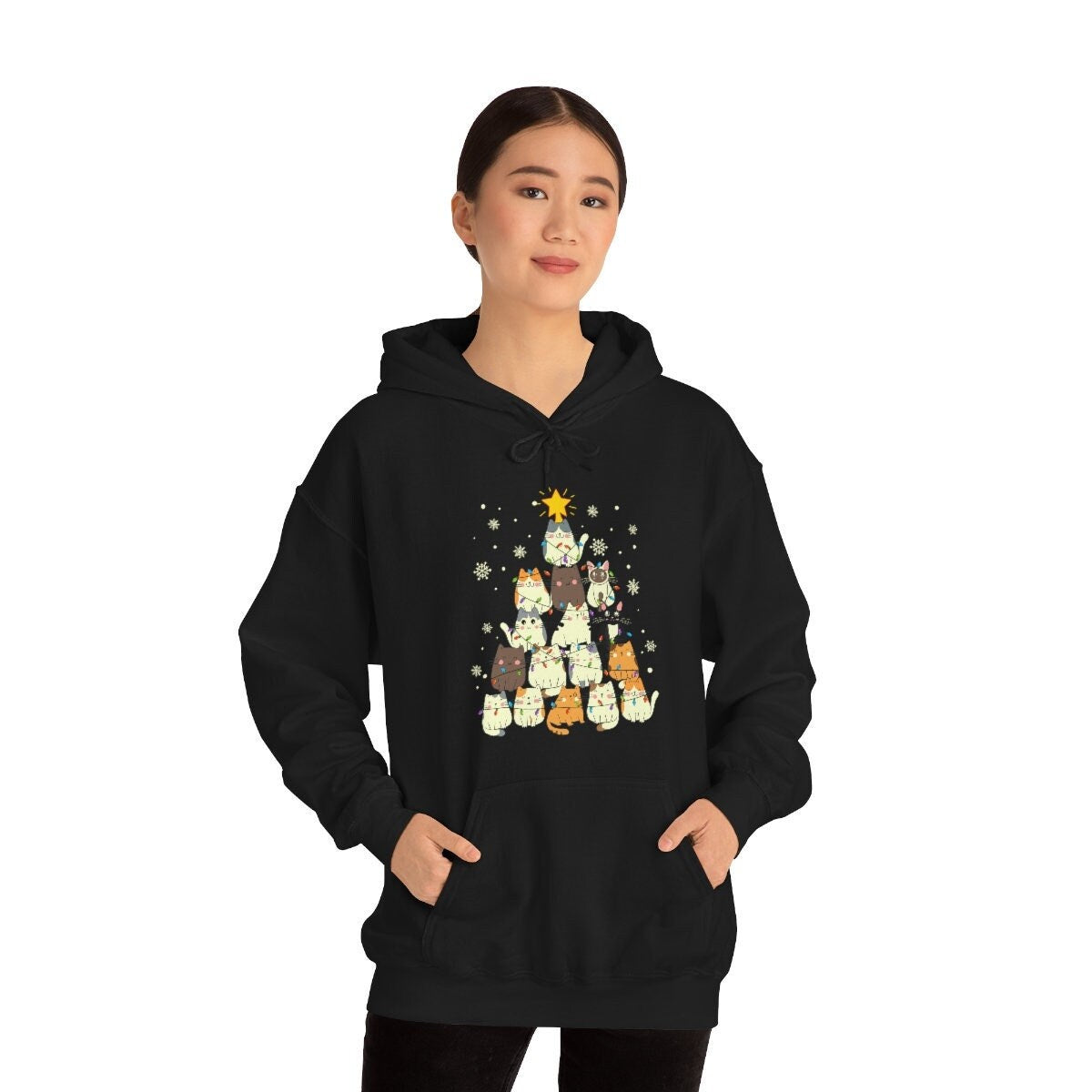 Happy Holidays Cat Christmas Tree Unisex Heavy Blend Hooded Sweatshirt for Adults or Kids Gift Idea for Family, Friends or all Cat Lovers