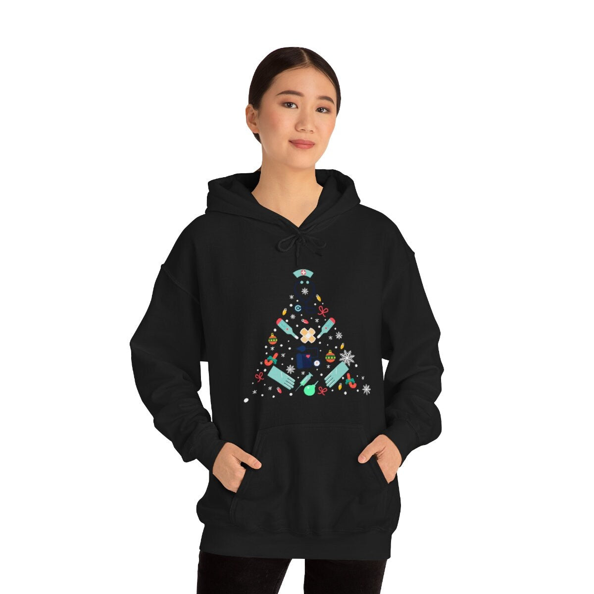 Happy Holidays Nurse or Doctor Christmas Tree Unisex Heavy Blend Hooded Sweatshirt for Anyone That Loves Nurses Gift Idea for Family Friends