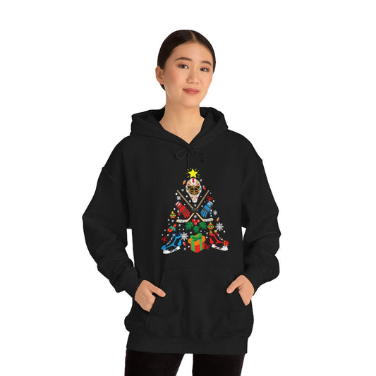 Happy Holidays Hockey Christmas Tree Unisex Heavy Blend Hooded Sweatshirt for Anyone That Loves Hockey Gift for Family, Friends, Hockey Fans