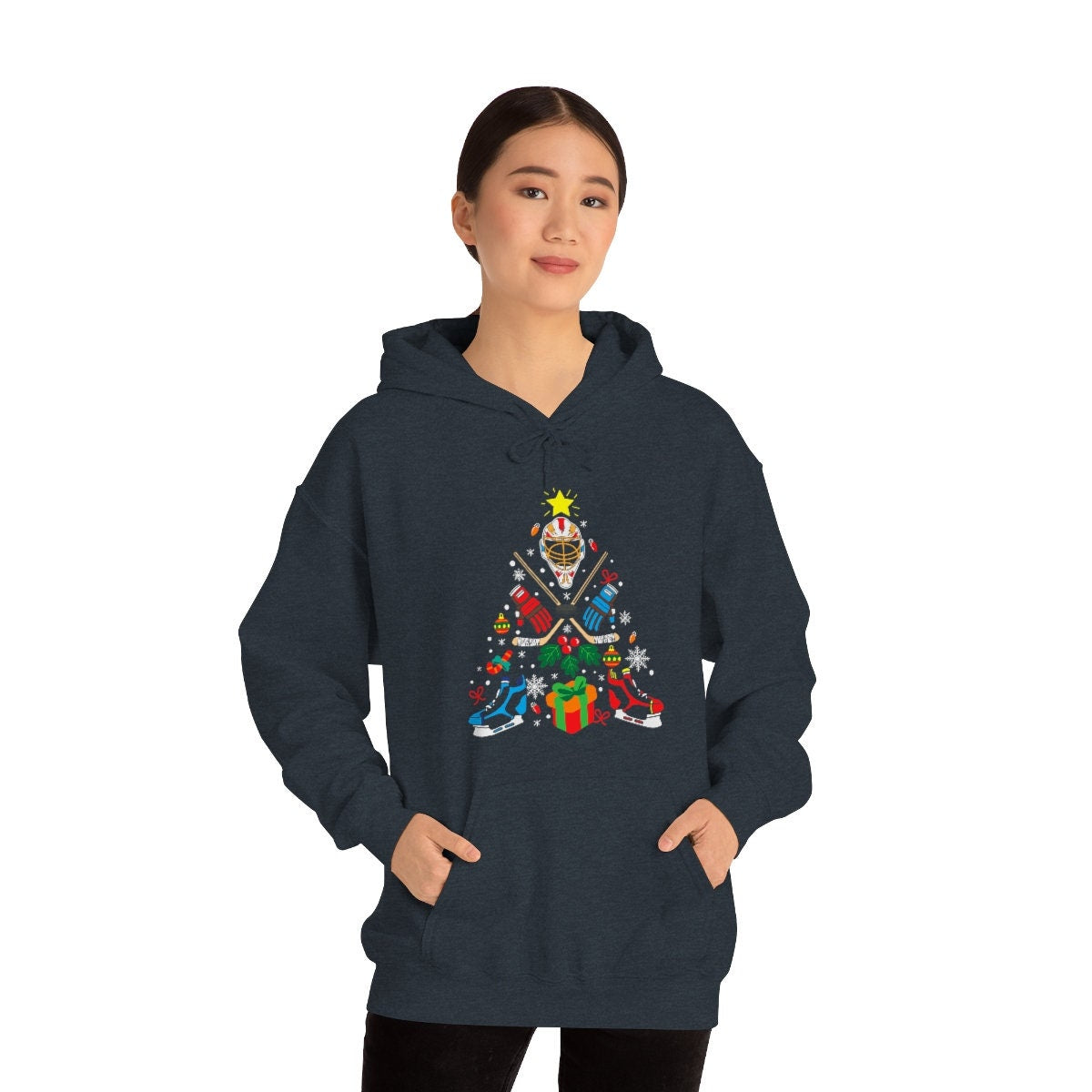 Happy Holidays Hockey Christmas Tree Unisex Heavy Blend Hooded Sweatshirt for Anyone That Loves Hockey Gift for Family, Friends, Hockey Fans