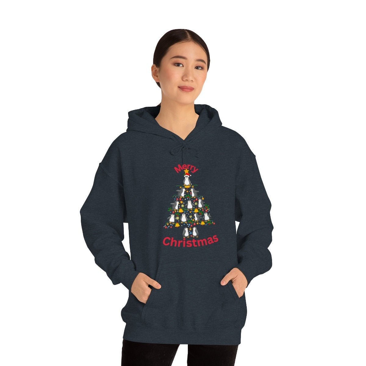 Happy Holidays Penguin Christmas Tree Unisex Heavy Blend Hooded Sweatshirt for Anyone That Loves Animals Penguins Gift for Family, Friends