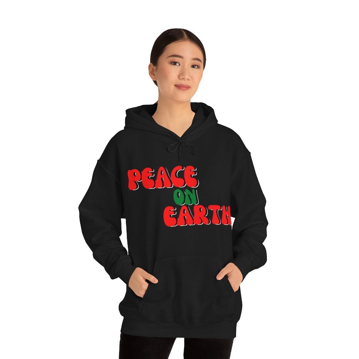 Peace on Earth Christmas Happy Holidays Unisex Heavy Blend Hooded Sweatshirt for Adults, Kids Great Gift Idea For Family Friends, Coworkers