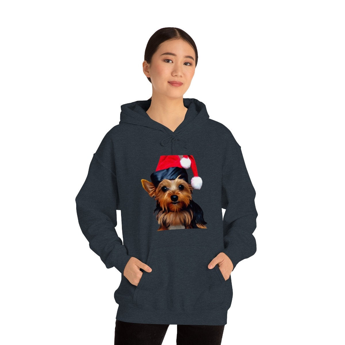 Yorkie Christmas Happy Holidays Unisex Heavy Blend Hooded Sweatshirt for Dog Lovers Yorkshire Terrier with Santa Claus Xmas Hat Sweatshirt