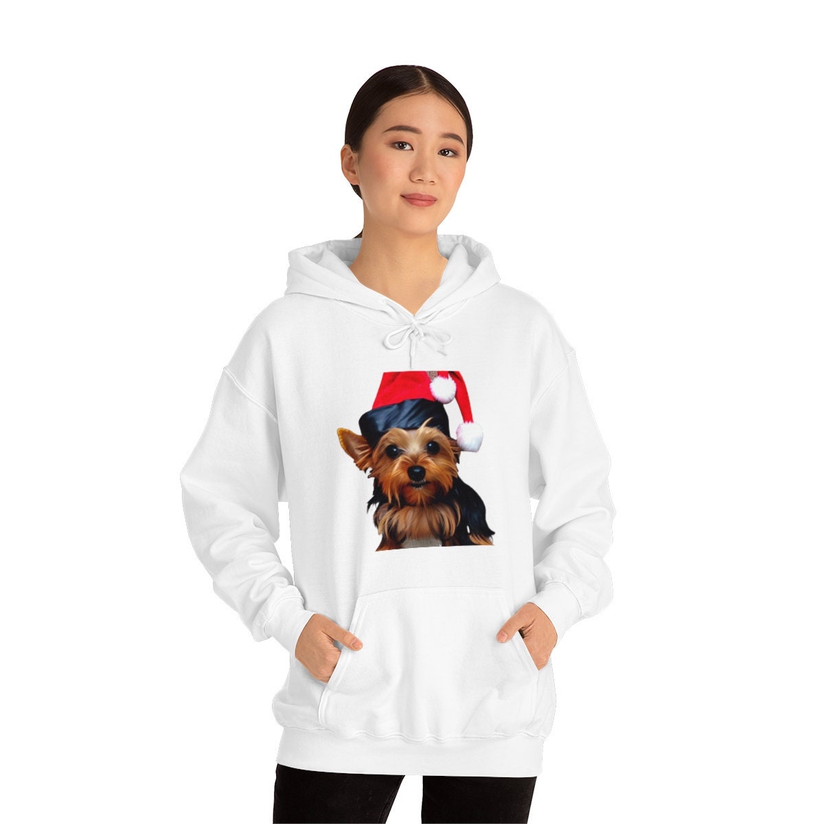 Yorkie Christmas Happy Holidays Unisex Heavy Blend Hooded Sweatshirt for Dog Lovers Yorkshire Terrier with Santa Claus Xmas Hat Sweatshirt