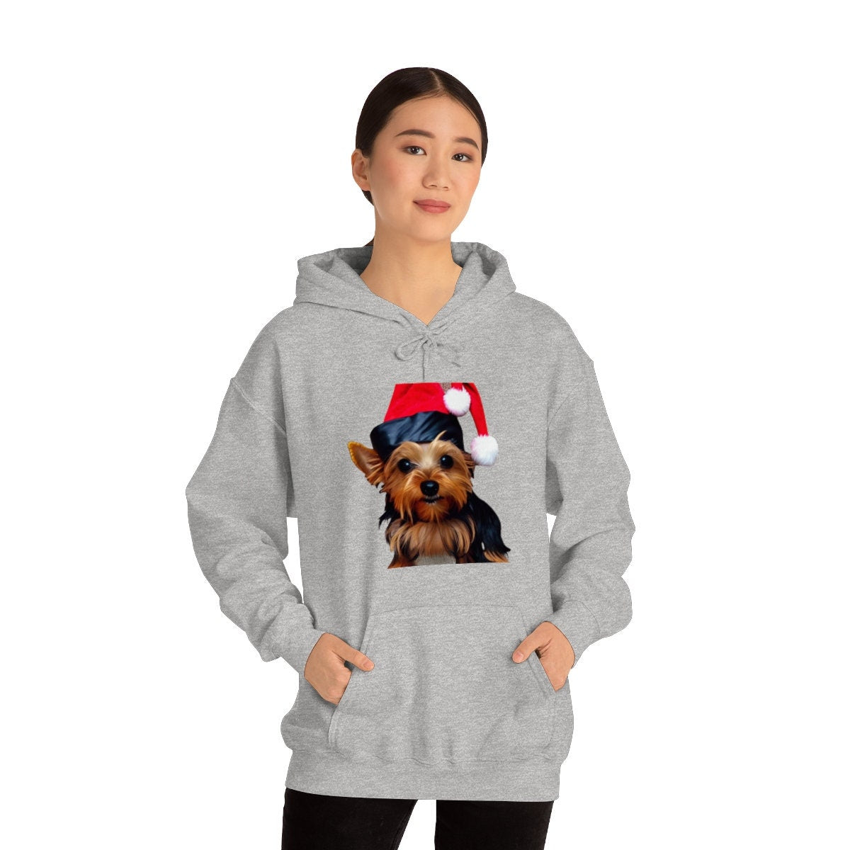 Yorkie Christmas Happy Holidays Unisex Heavy Blend Hooded Sweatshirt for Dog Lovers Yorkshire Terrier with Santa Claus Xmas Hat Sweatshirt