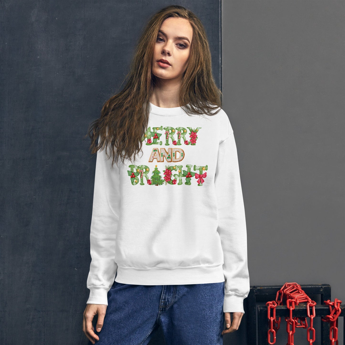 Merry and Bright Christmas Unisex Sweatshirt Family Christmas Clothing Ugly Christmas Sweatshirt Gift for Family and Friends that Love Xmas