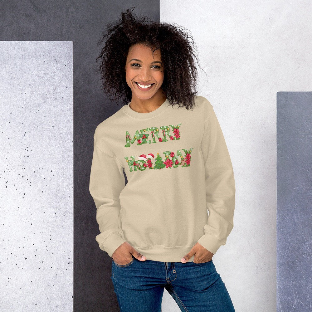 Merry Holiday Unisex Sweatshirt Family Christmas Holiday Clothing Ugly Christmas Sweatshirt Gift for Family and Friends that Love Holidays