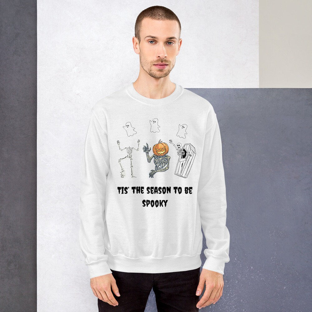 Tis The Season To Be Spooky Halloween Unisex Sweatshirt with Ghosts and Skeletons Great Gift for a Halloween Party Ugly Halloween Sweatshirt