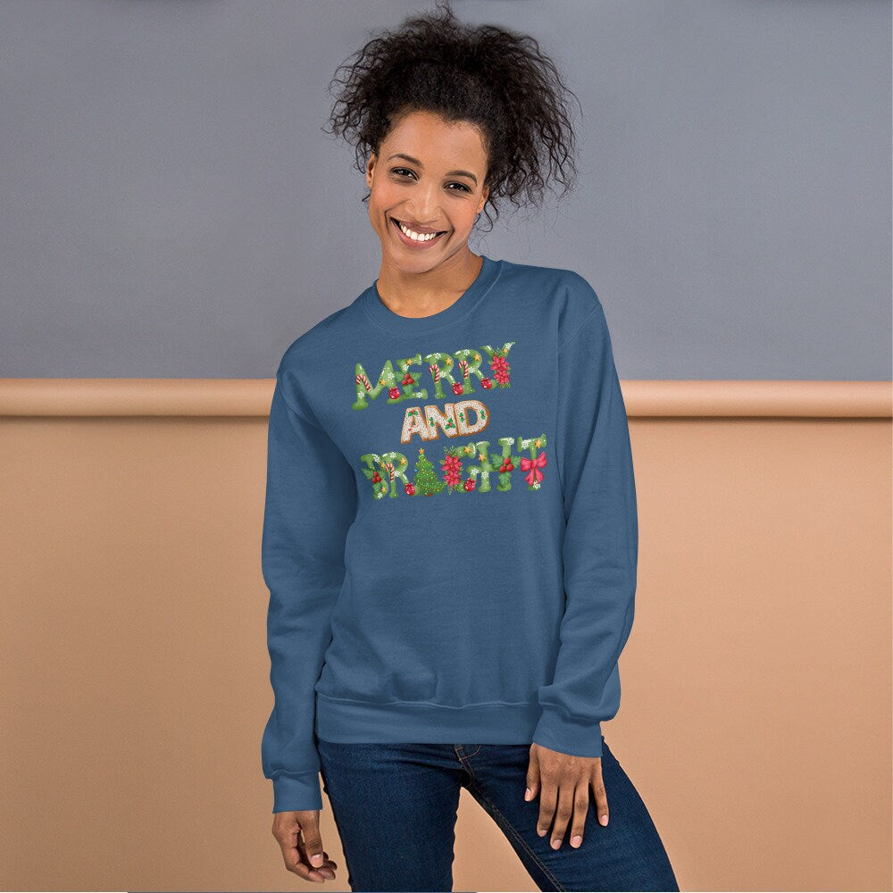 Merry and Bright Christmas Unisex Sweatshirt Family Christmas Clothing Ugly Christmas Sweatshirt Gift for Family and Friends that Love Xmas