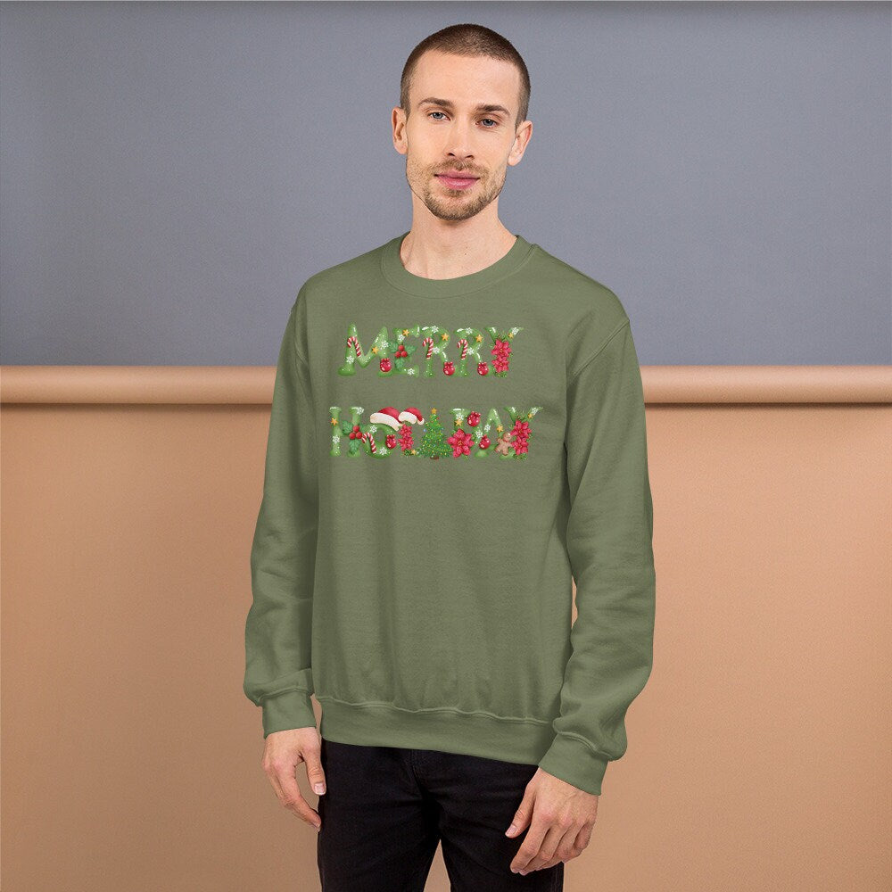 Merry Holiday Unisex Sweatshirt Family Christmas Holiday Clothing Ugly Christmas Sweatshirt Gift for Family and Friends that Love Holidays