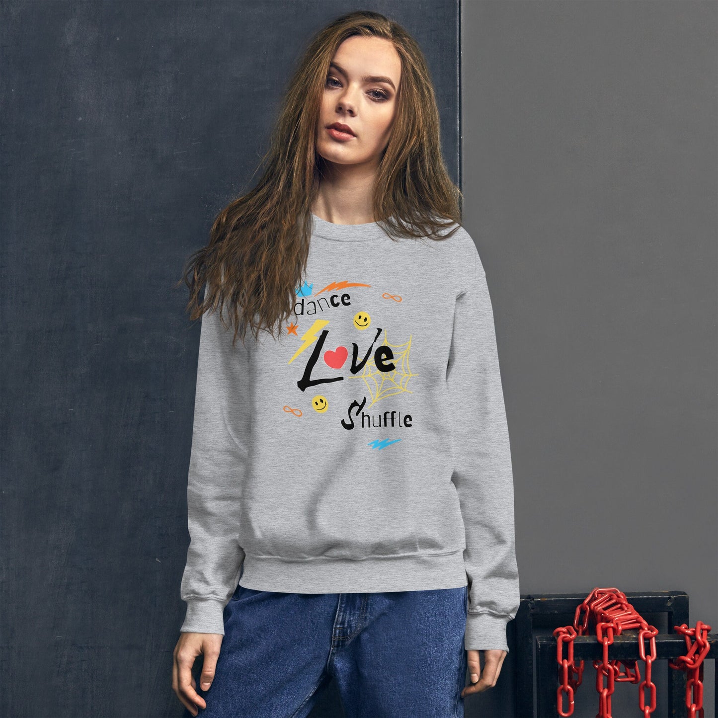 Dance Love Shuffle Graphic Sweatshirt, Vibrant Fun Sweatshirt, Unisex Adult Casual Wear, Street Style for People that Love Dancing Hip Hop