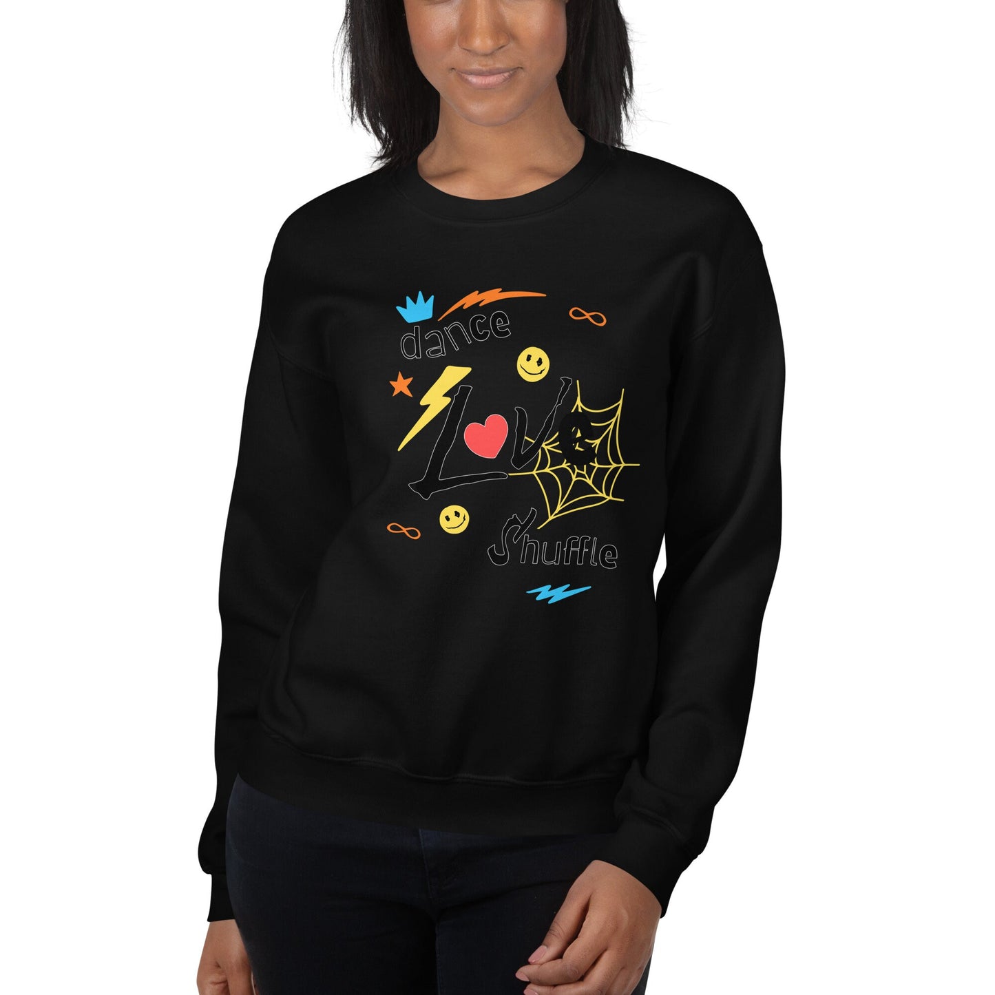 Dance Love Shuffle Graphic Sweatshirt, Vibrant Fun Sweatshirt, Unisex Adult Casual Wear, Street Style for People that Love Dancing Hip Hop